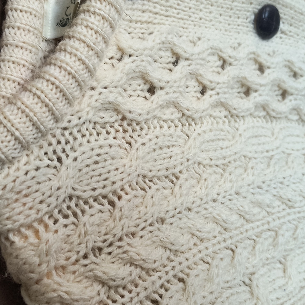 Vintage Carraig Donn 100% Wool Cream Chunky Knit Fisherman Cardigan Sz Large M - Picture 5 of 17